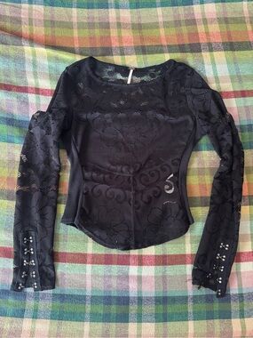 Free People Black Floral Lace Long-Sleeve Top